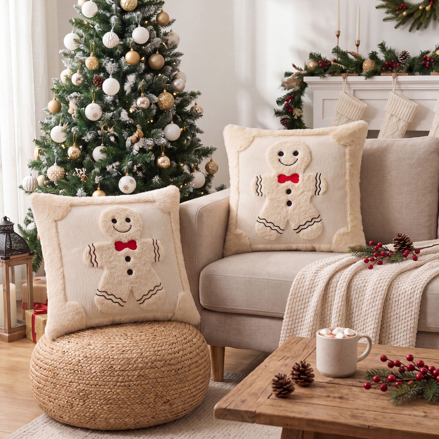 Christmas Gingerbread Throw Pillow Cover Plush Decorative Cushion Cover for Sofa Bed