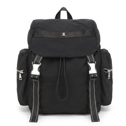 Flap Drawstring Backpack with Dual Buckle Straps and Zippered Side Pockets