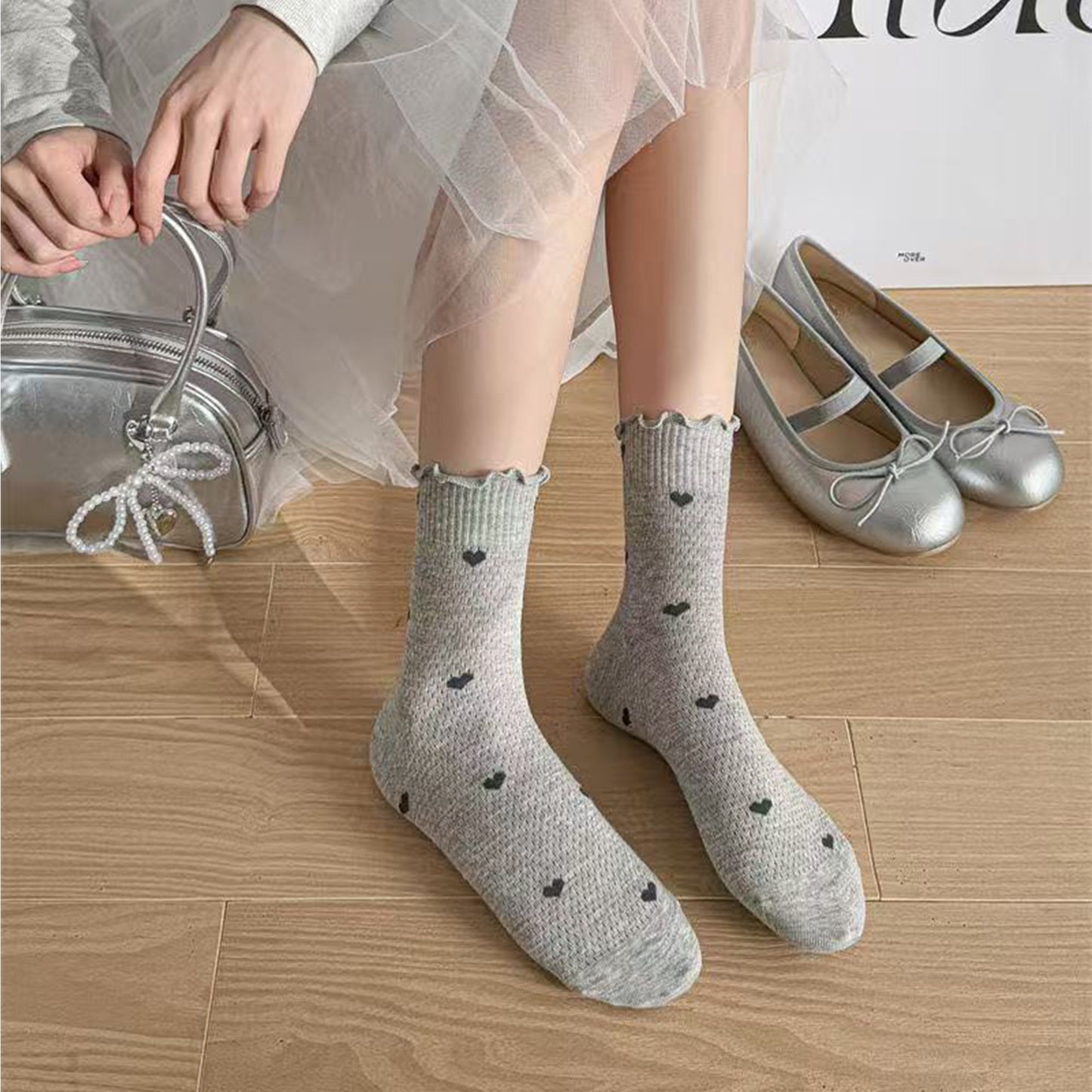 5-Pair Set Frilly Crew Socks with Valentine Heart Pattern and Ruffle Trim Breathable Knit Design for Flats or Loafers
