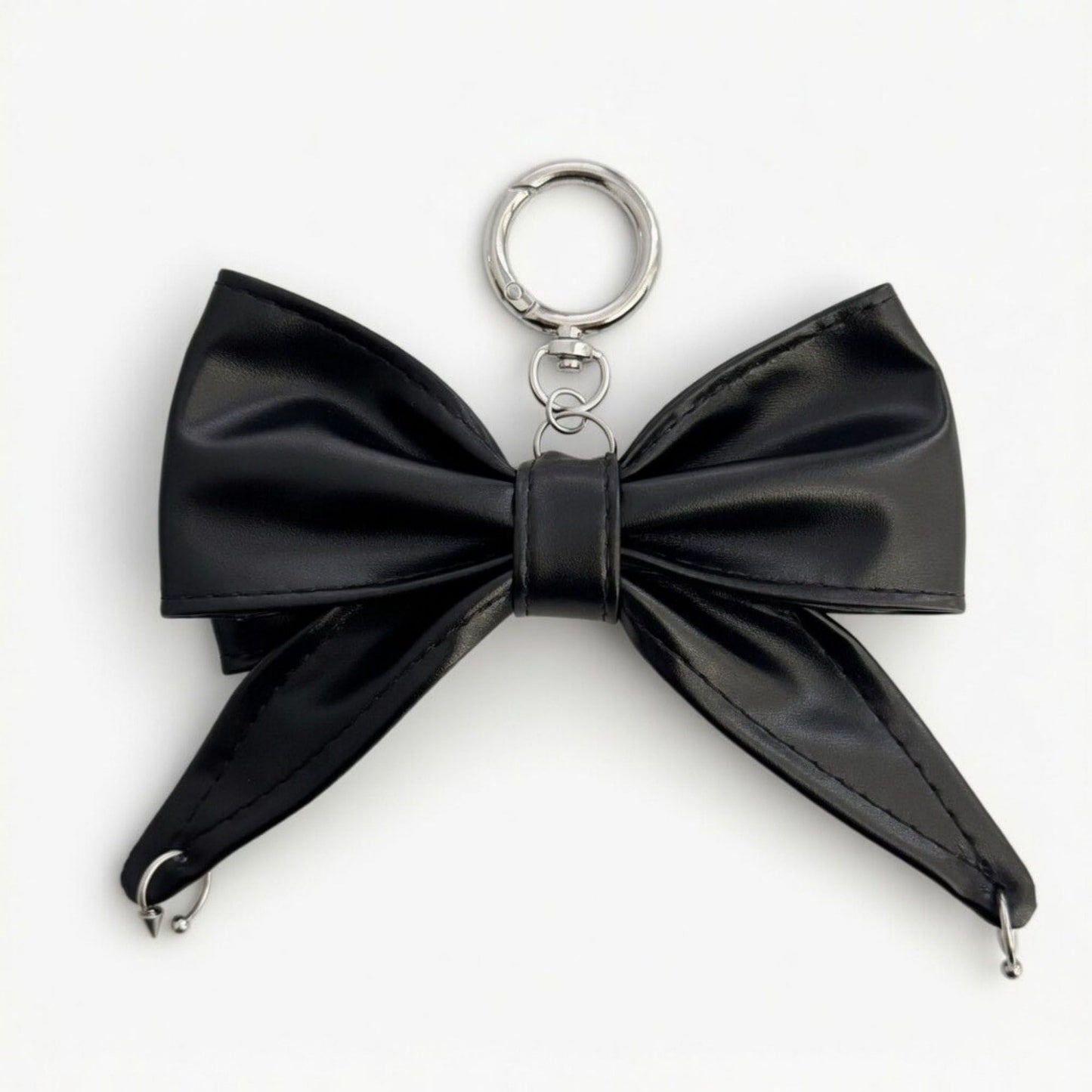 Faux Leather Bow Keychain with Safety Pin Stud Detail Oversized Bow Bag Charm Key Ring Accessory