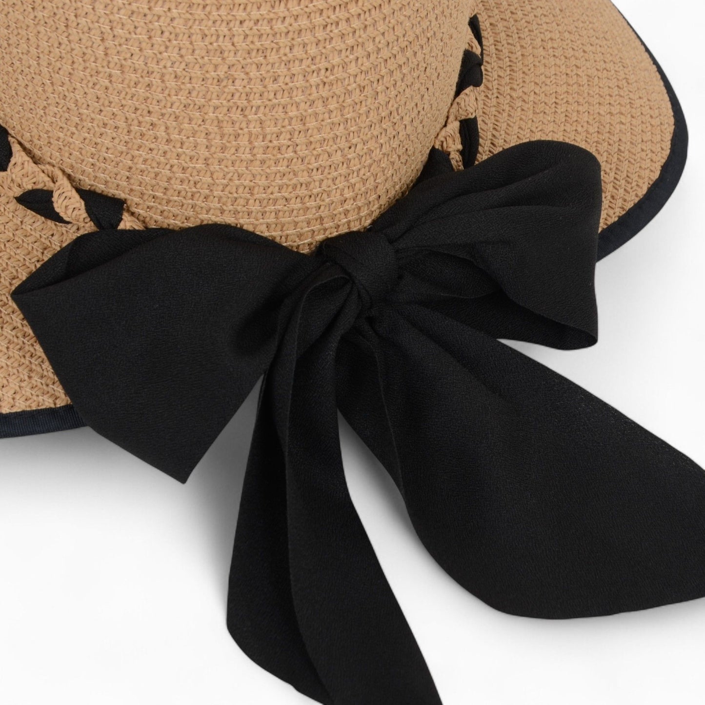 Women's Wide Brim Straw Hat with Braided Band and Contrast Bow Detail