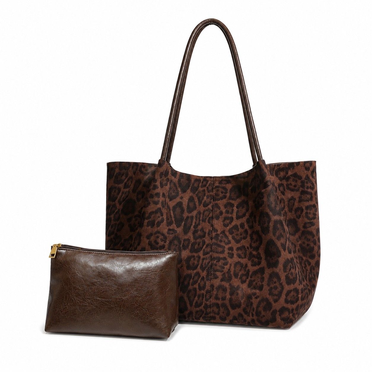 Faux Suede Tote Bag with Removable Zip Pouch and Double Shoulder Handles