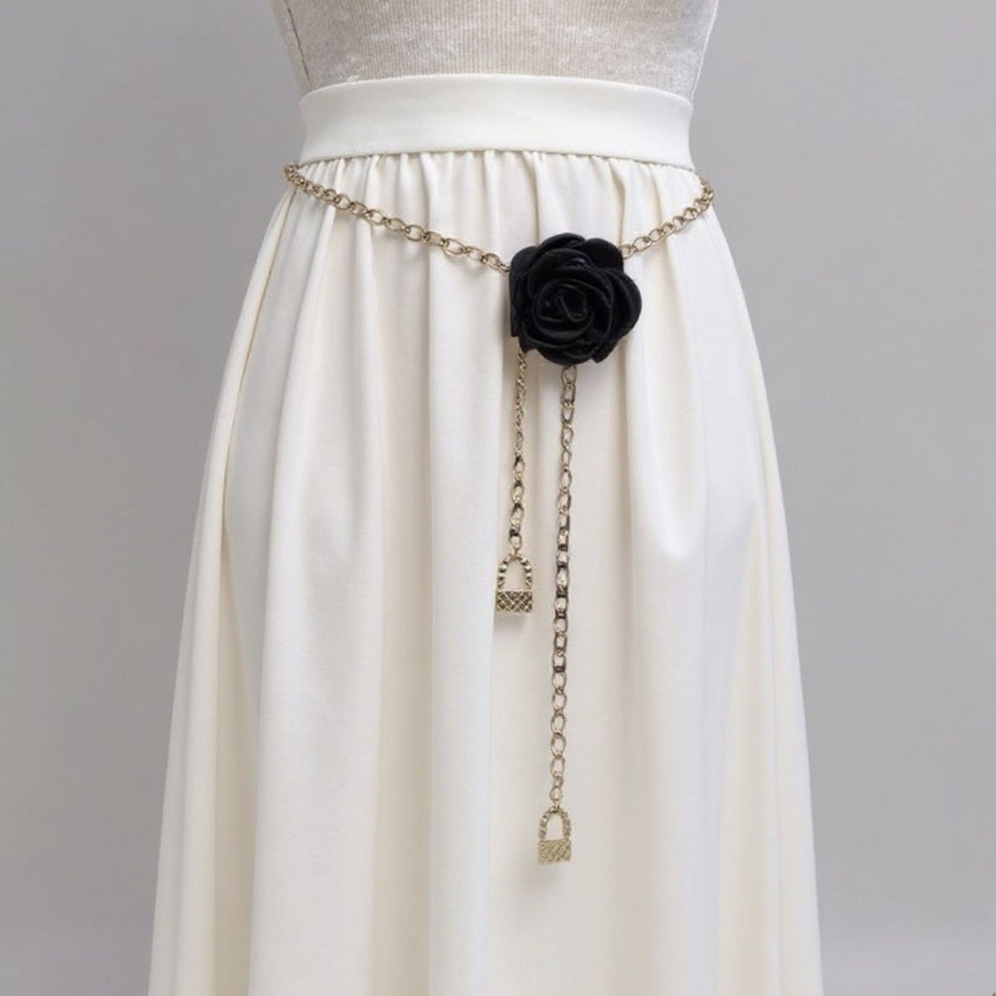 Rose Flower Chain Belt with Hanging Lock Charms and Adjustable Drape Design 45.5in