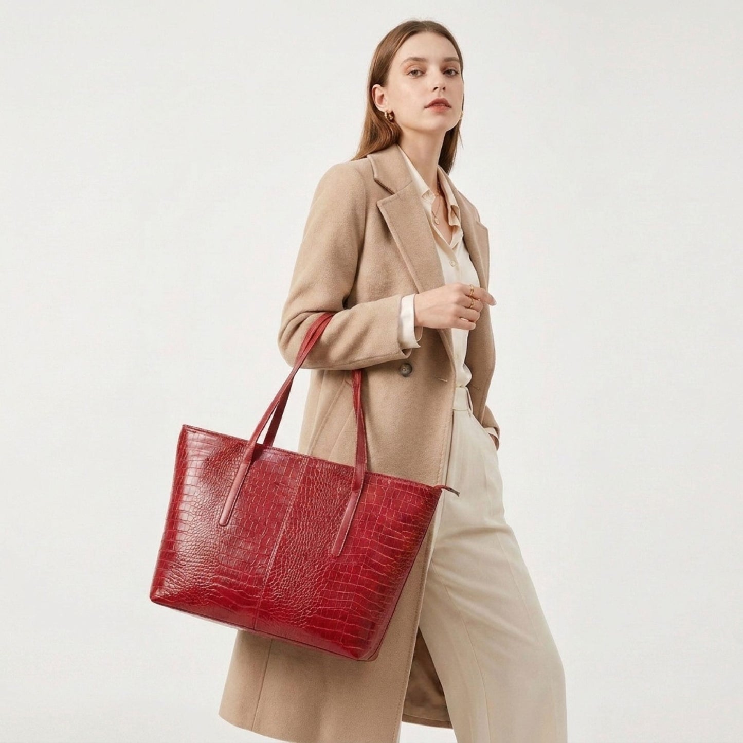 Crocodile Embossed Tote Bag Large Shoulder Handbag with Zipper Closure