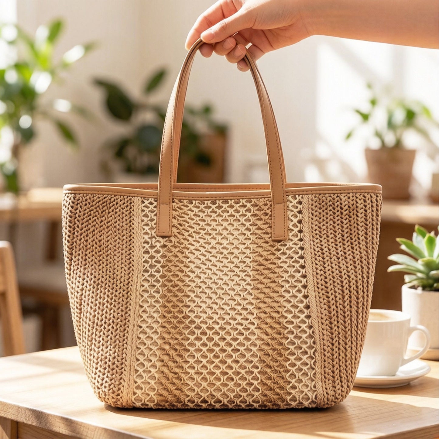 Woven Crochet Tote Bag with Textured Panel Design Leather Shoulder Strap Lightweight Handbag