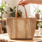 Woven Crochet Tote Bag with Textured Panel Design Leather Shoulder Strap Lightweight Handbag