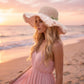 Wide Brim Straw Sun Hat with Pleated Sheer Brim Bow Accent and Floral Trim