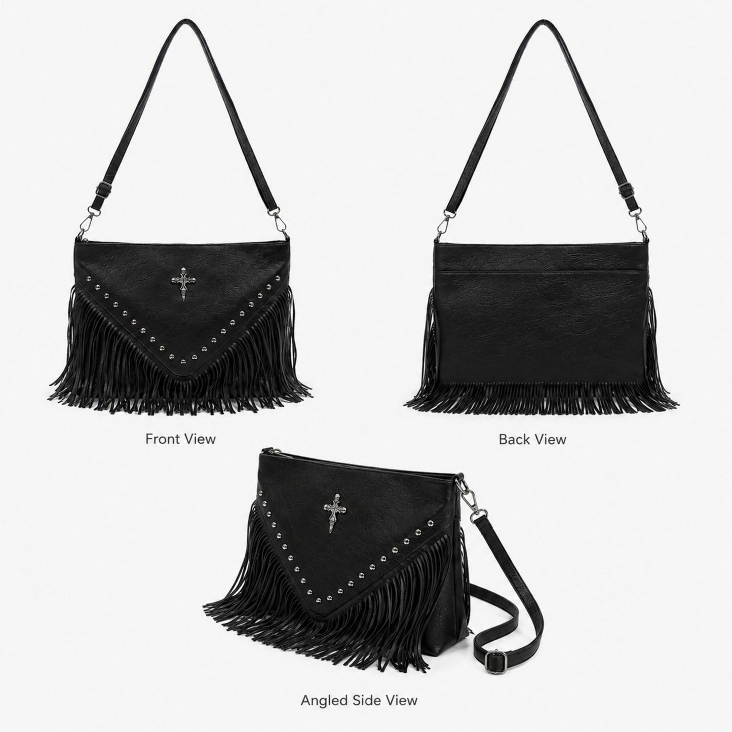 Studded Fringe Shoulder Bag with Adjustable Strap and Zip Closure