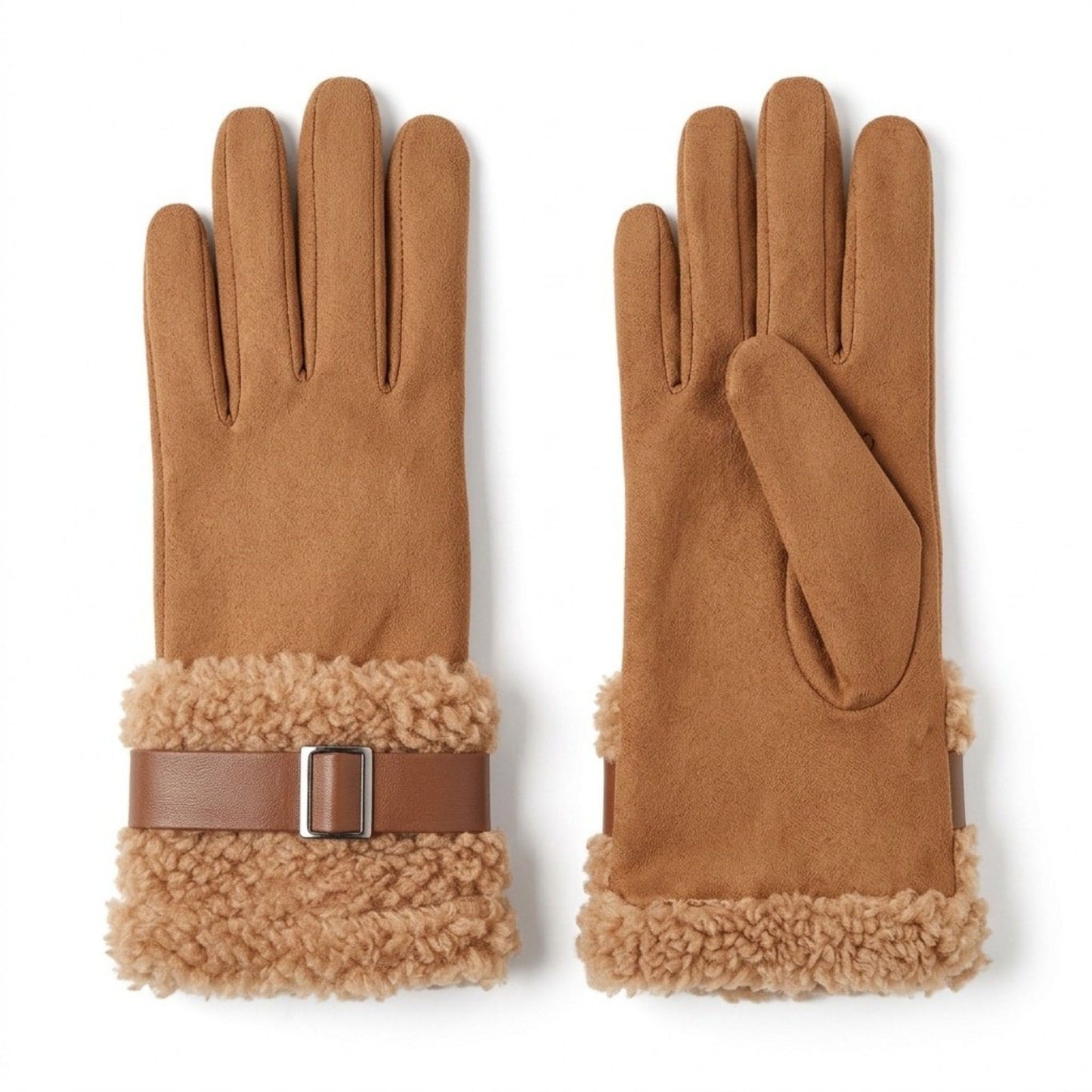 Faux Suede Gloves with Plush Faux Fur Cuffs and Buckle Detail