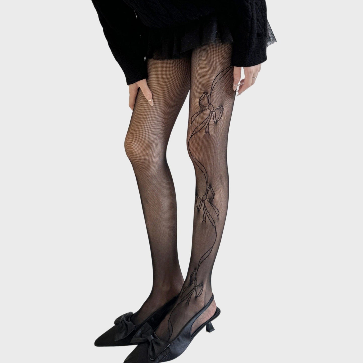 Sheer Bow Line Pattern Tights with Soft Stretch Mesh, Delicate Ribbon Artwork, and Smooth Knit Finish One Size Fits Most