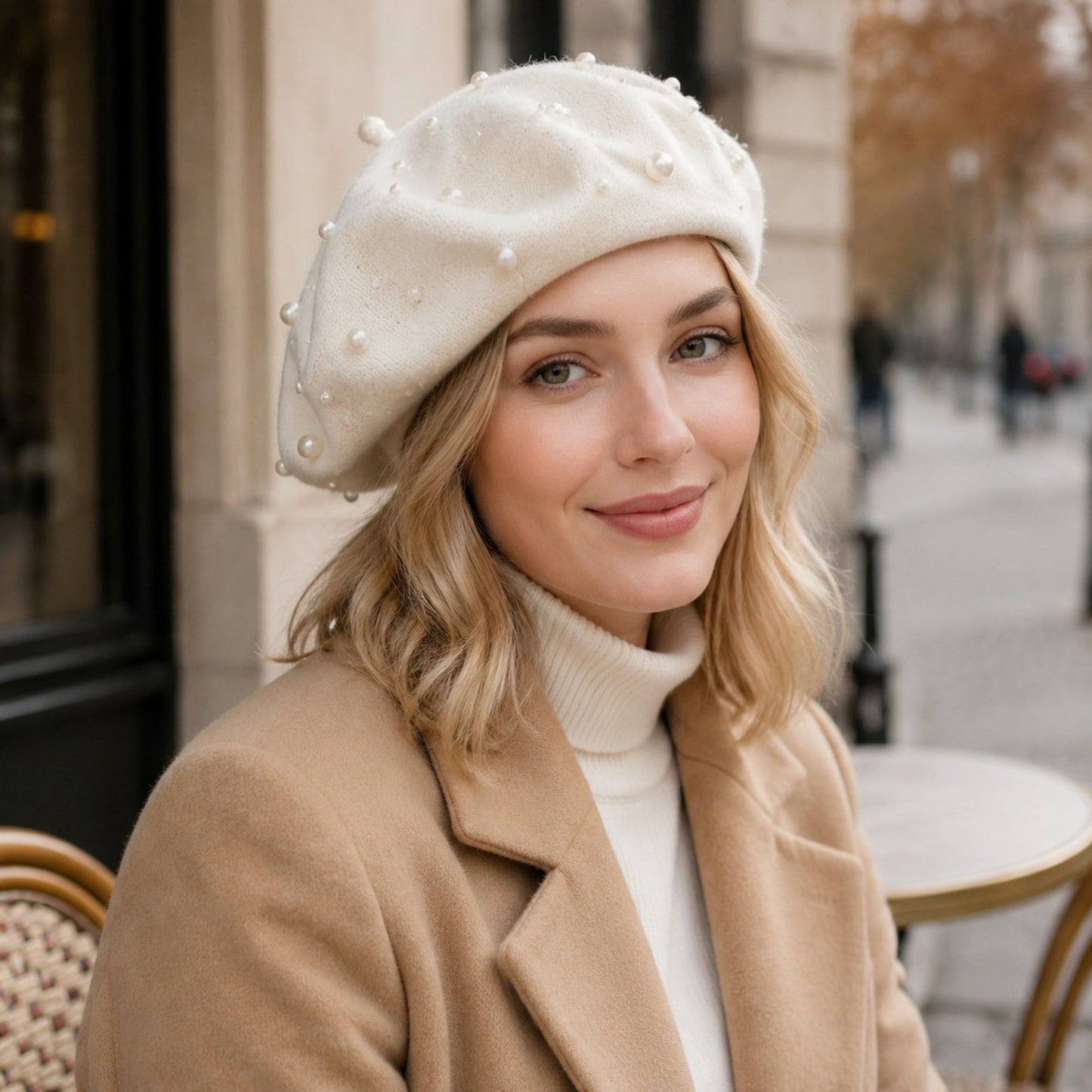 Pearl-Embellished Wool Knit Beret