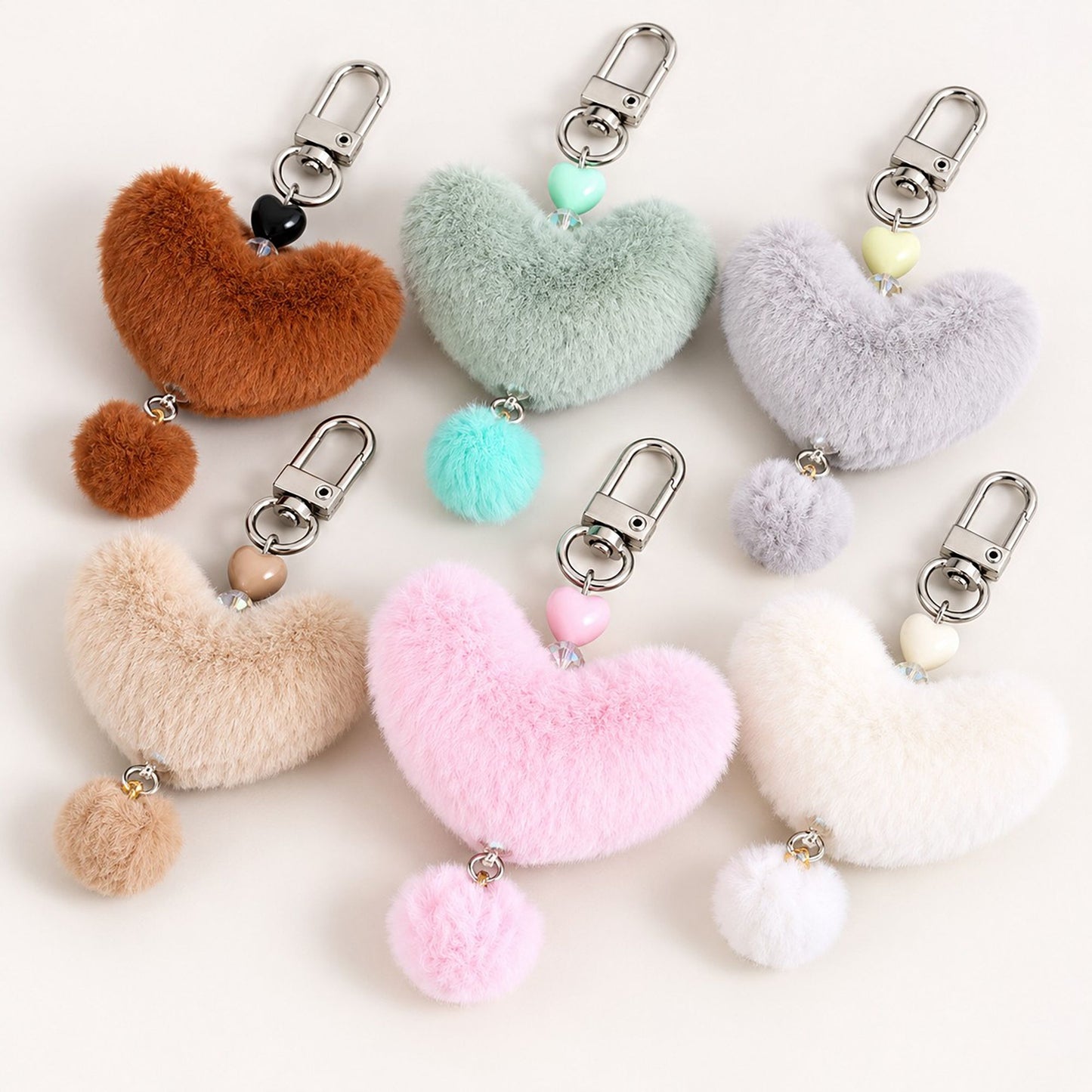 Fluffy Heart Pom-Pom Keychain Cute Faux Fur Bag Charm Set