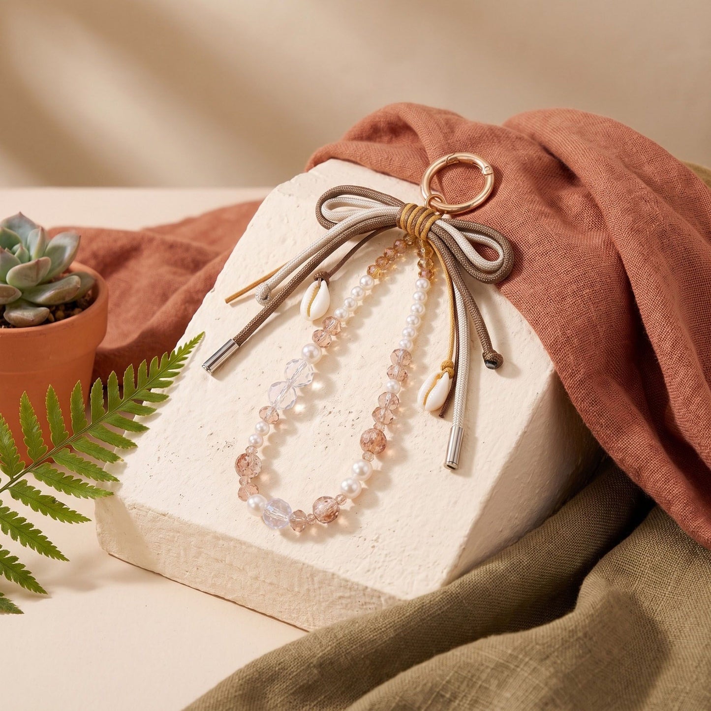 Beaded Bow Seashell Bag Charm Keychain