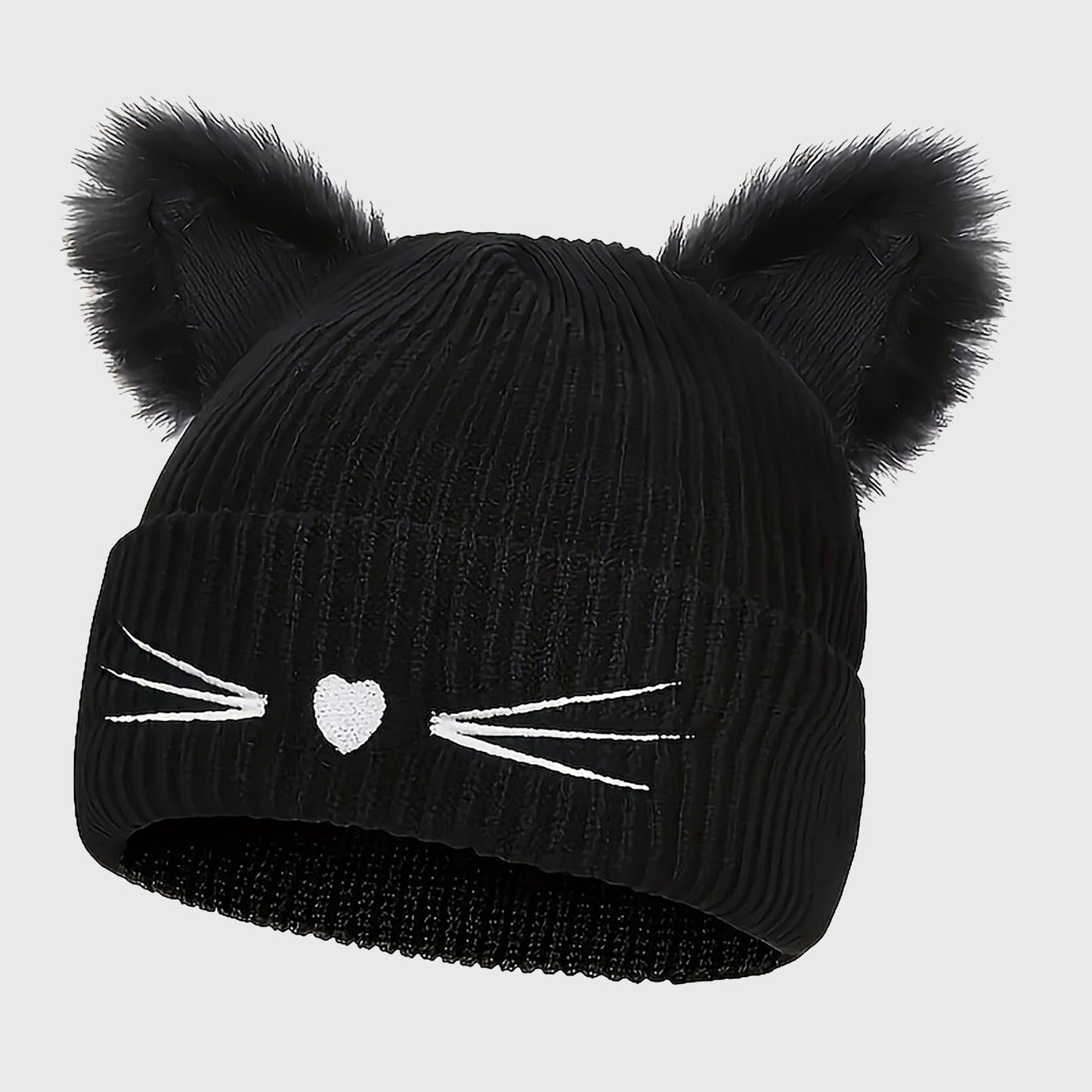 Cat Ear Knit Beanie - Faux Fur Ears with Valentine Heart Whisker Embroidery for Cute Casual Winter Wear