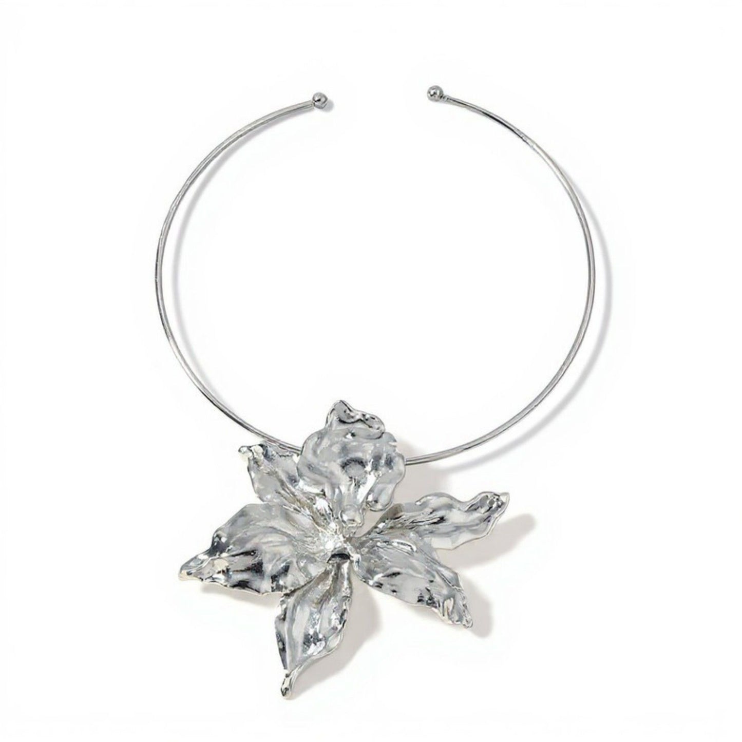 Women's Sculpted Flower Pendant Necklace with Smooth Metal Finish Statement Jewelry