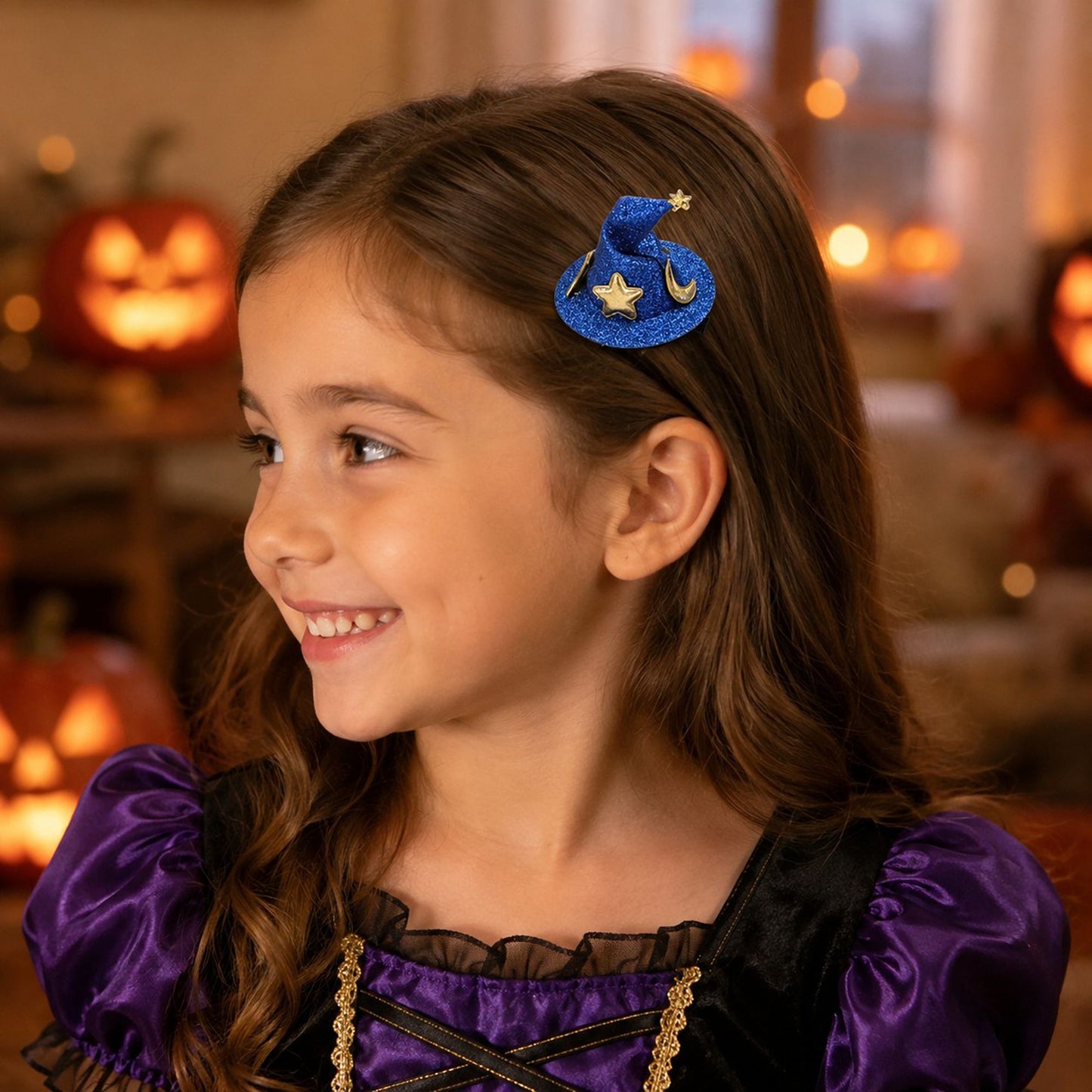 4pc Glitter Witch Hat Pet Hair Clips with Star and Moon Accents