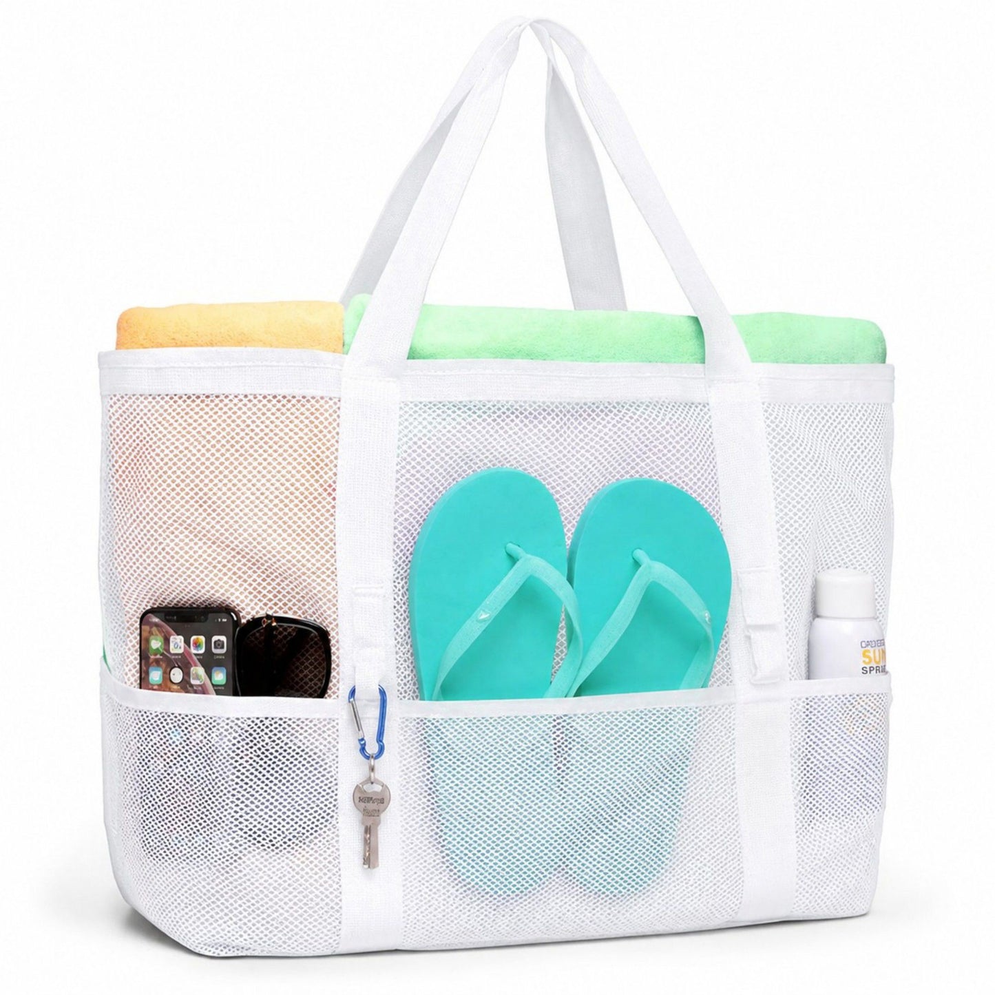 Mesh Beach Tote Bag Large Capacity Travel Shoulder Bag with Exterior Pockets Zipper Top Organizer