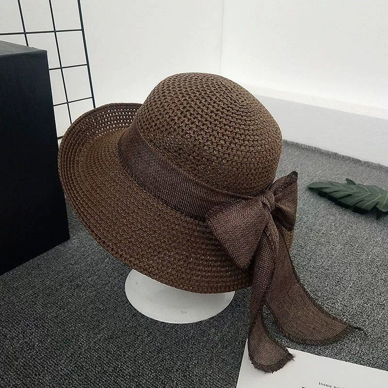 Women Straw Sun Hat Wide Brim Woven Beach Hat Bow Tie Detail Breathable Summer Hat