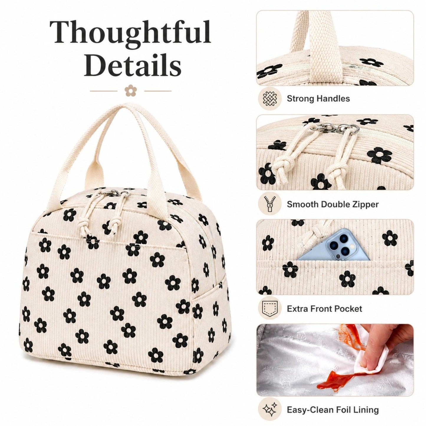 Strawberry Print Corduroy Insulated Lunch Bag with Handles and Zip Closure