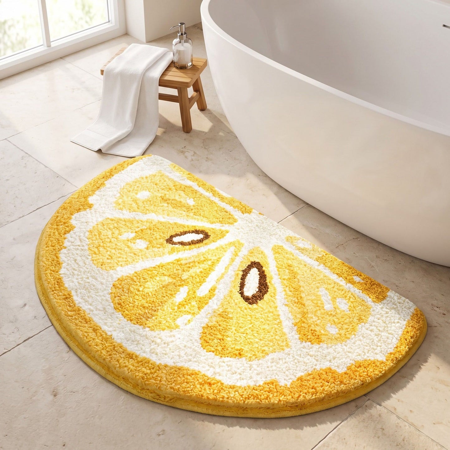 Kiwi Fruit Slice Plush Semicircle Bathroom Mat with Green Tufted Design