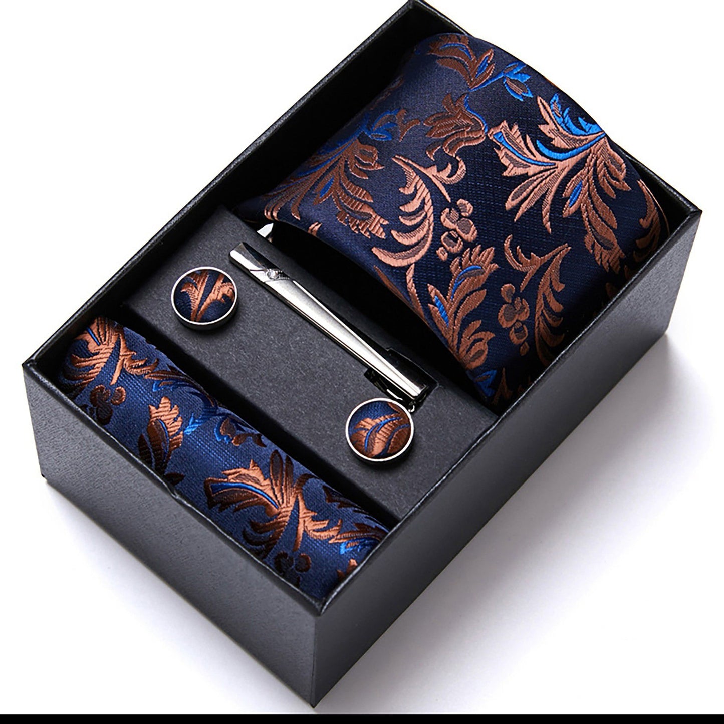 Men's Paisley Pattern Tie Gift Set with Matching Pocket Square Cufflinks and Silver Tie Clip