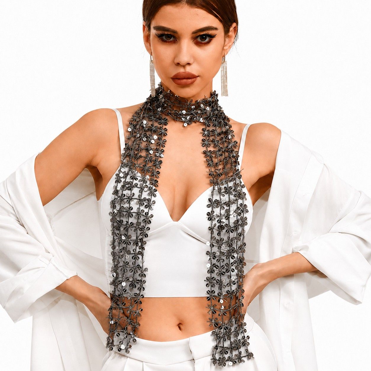 Sequin Floral Skinny Scarf Mesh Neck Wrap