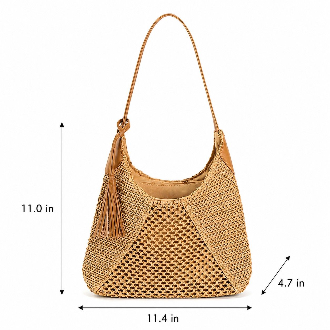 Woven Paper Fiber Shoulder Tote Bag Large Capacity Crochet Handbag with Tassel Accent