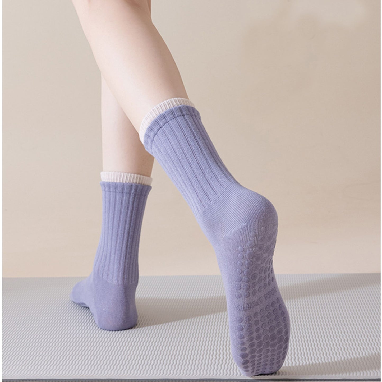 Womens Non-Slip Grip Crew Socks 3 Pair Pack Custom Color Combos Soft Ribbed Cotton with 3D Silicone Heel