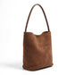 Suede-Look Bucket Shoulder Bag with Long Strap and Soft Structured Shape 9x7.5x6.5in