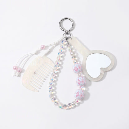 Beaded Keychain Bag Charm with Heart Mirror and Mini Comb