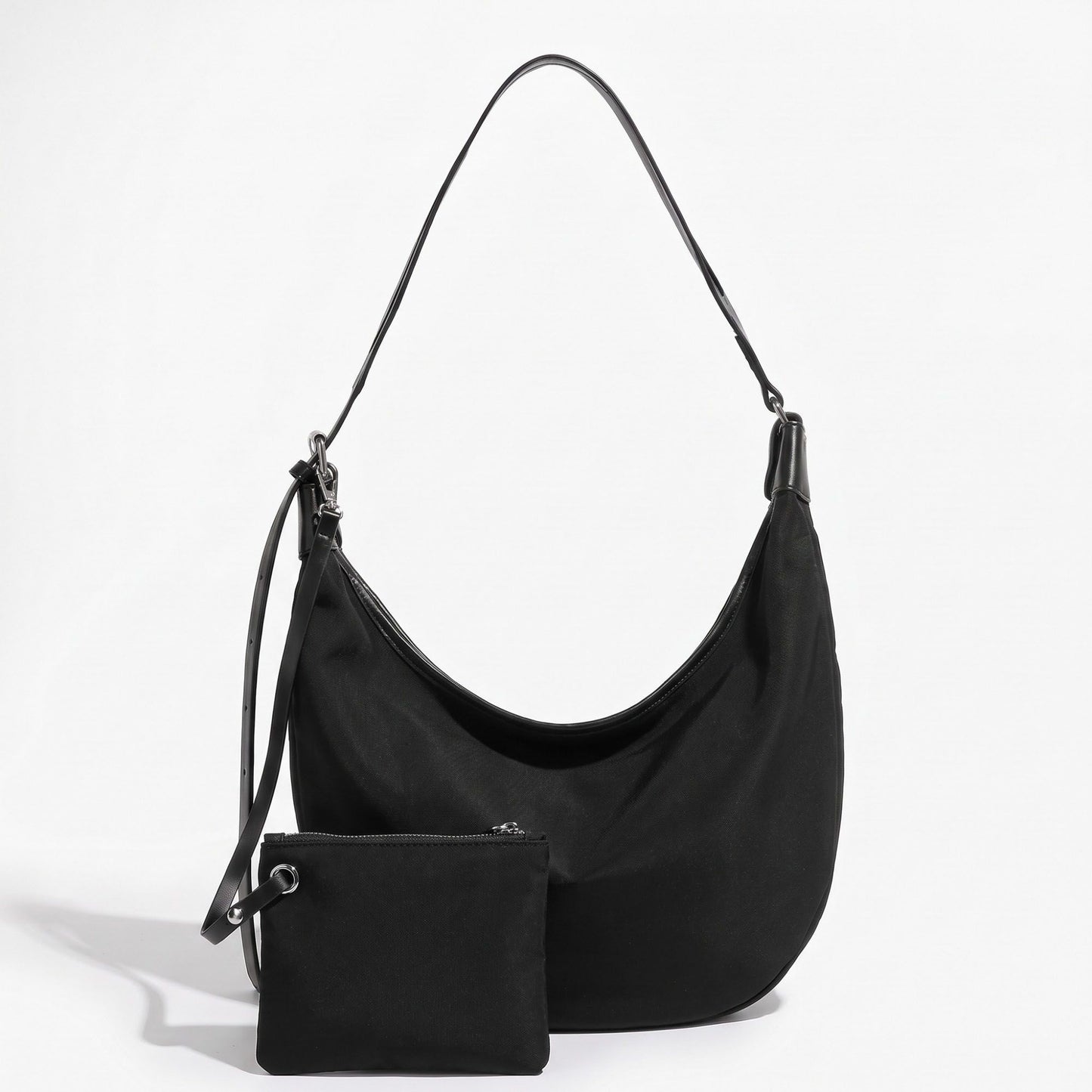 Crescent Hobo Shoulder Bag with Detachable Zip Pouch and Adjustable Strap