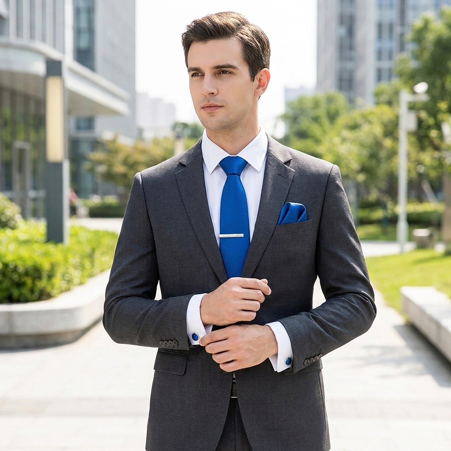 Men's Textured Solid Color Tie Gift Set with Matching Pocket Square Cufflinks and Silver Tie Clip