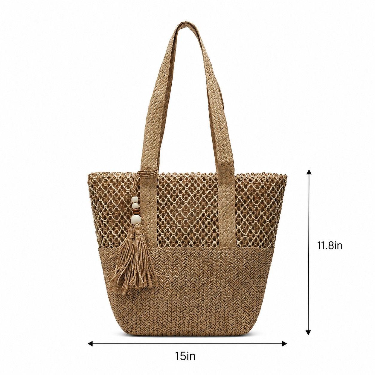 Woven Straw Tote Bag with Zip Closure Shoulder Straps and Tassel Accent