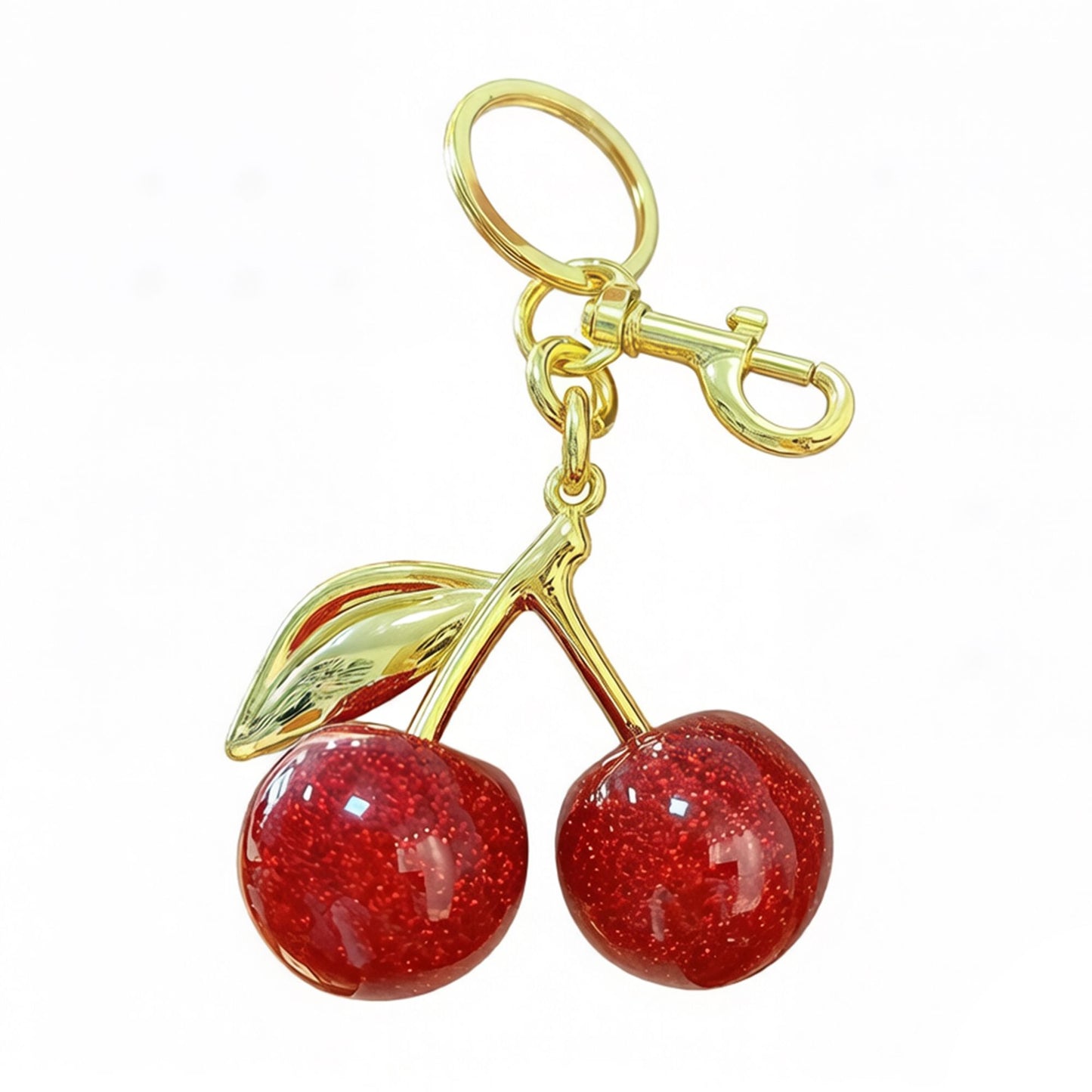 Cherry Charm Keychain with Glitter Fruit Pendant Gold Tone Clip and Key Ring Bag Accessory