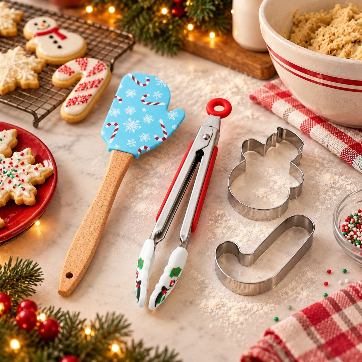 Christmas Baking Tool Set with Rolling Pin Whisk Tongs and Cookie Cutters