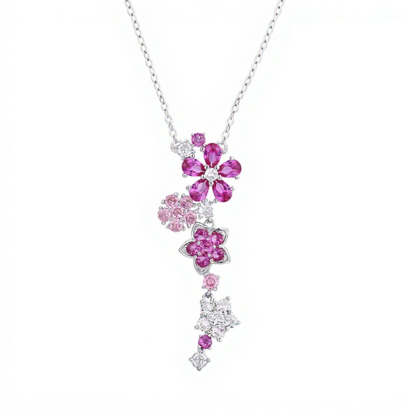 Women's Crystal Flower Pendant Necklace with Cascading Rhinestone Floral Design