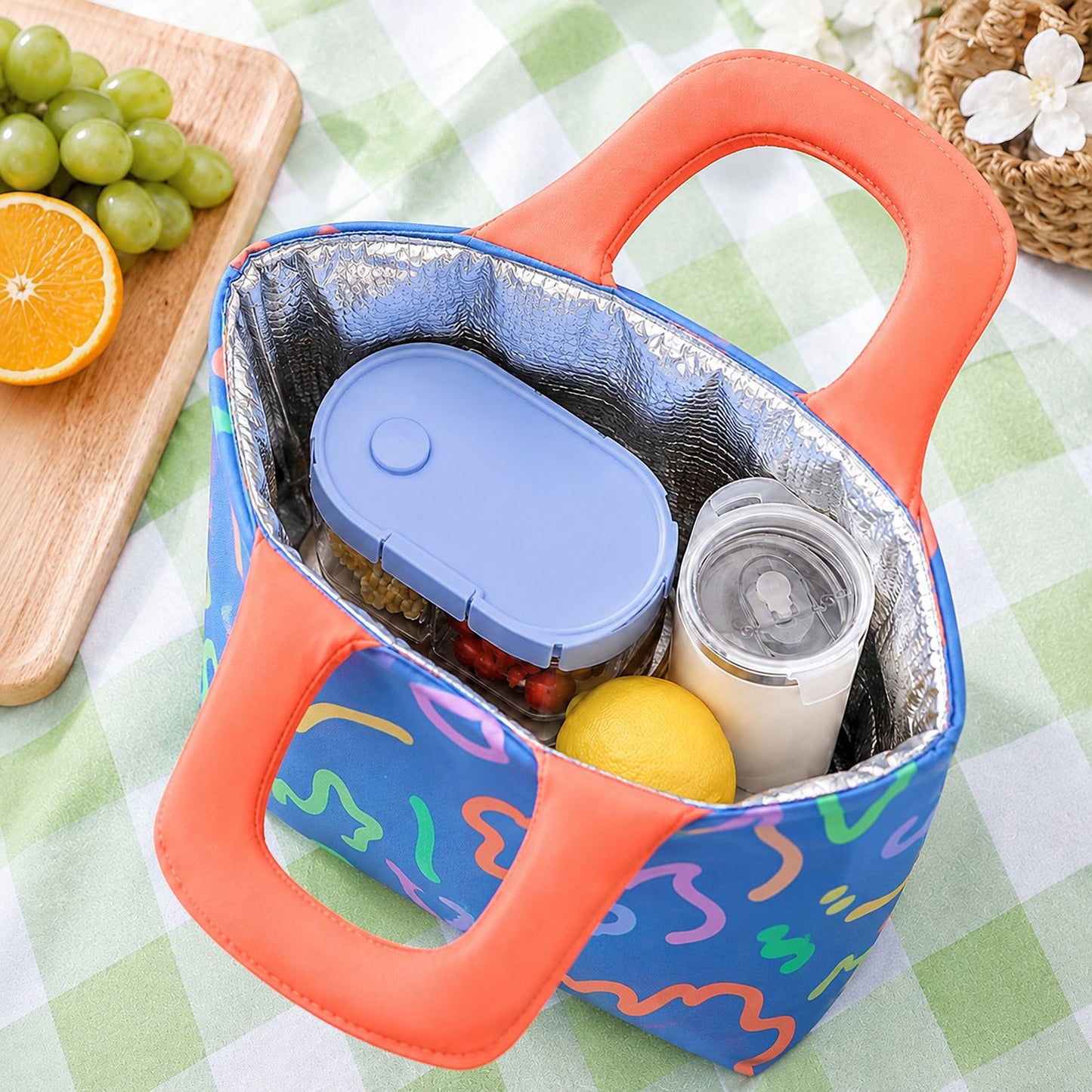 Printed Lunch Tote Bag with Padded Handles and Zipper Closure