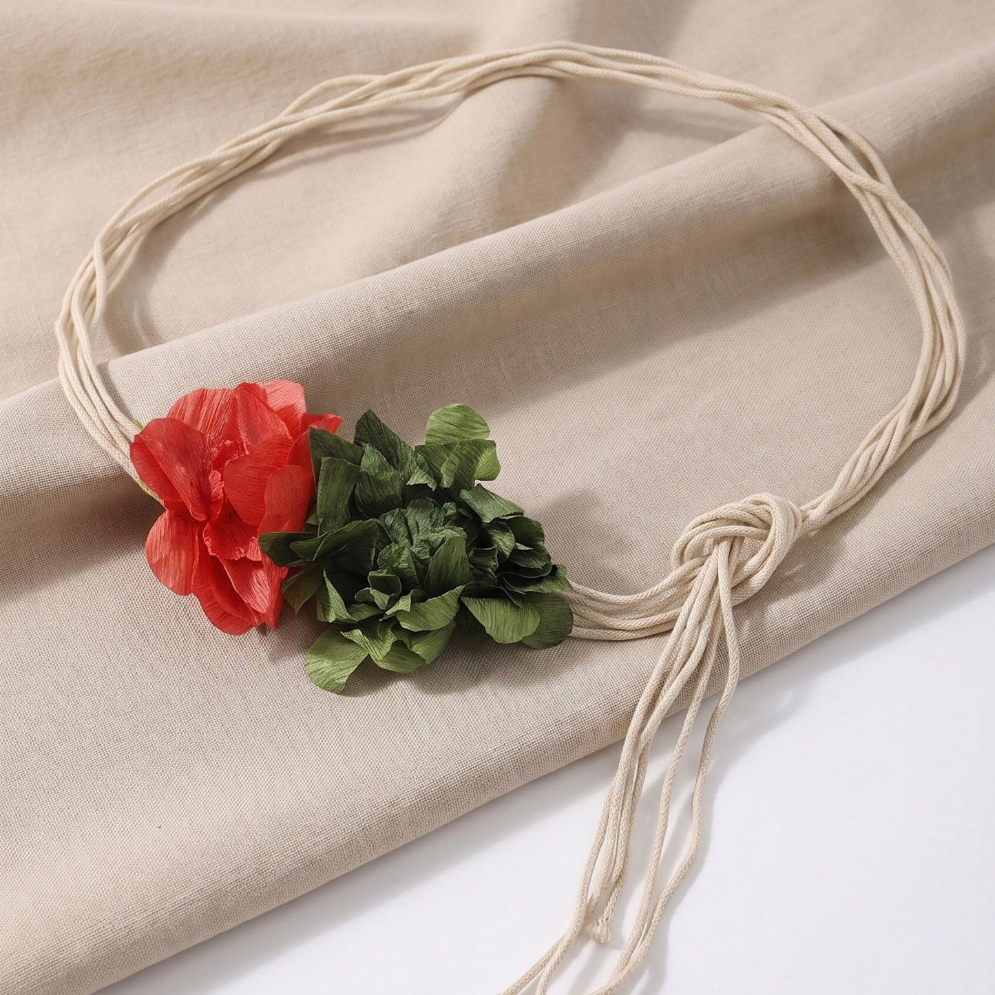 Dual Fabric Flower Braided Wrap Waist Belt Adjustable Floral Statement Waist Jewelry 43.3in