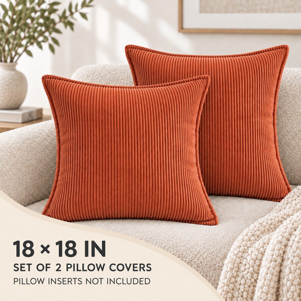 2 Pack Soft Ribbed Corduroy Throw Pillow Covers 18 x 18 Inch Solid Color