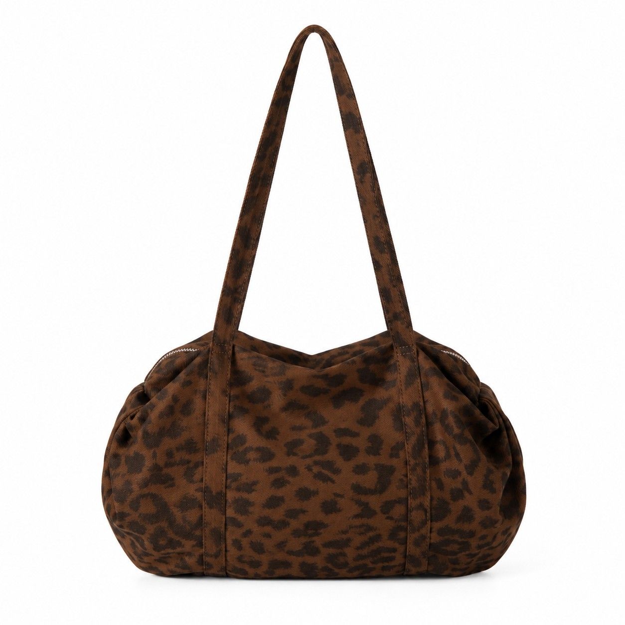 Leopard Print Barrel Shoulder Bag with Zip Closure and Interior Pockets