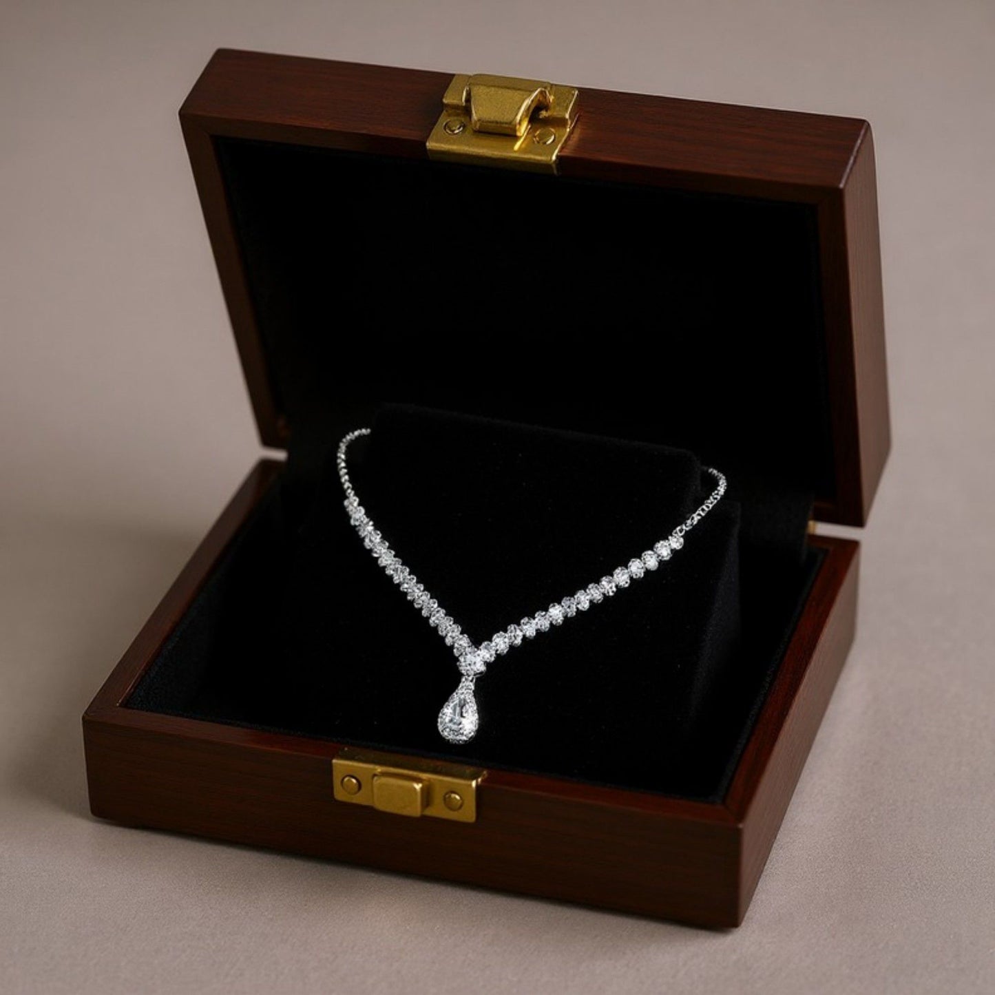Women's Rhinestone Necklace with Teardrop Crystal Pendant and V-Shaped Chain Design