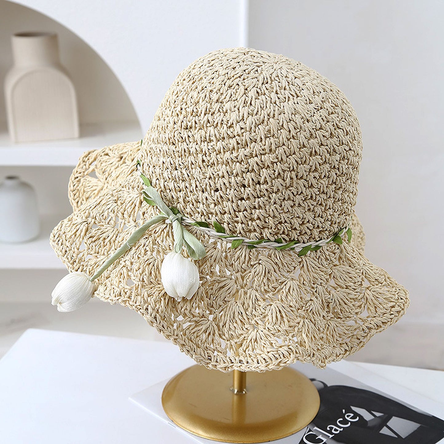 Hand - Crocheted Straw Sun Hat with Floral Accents