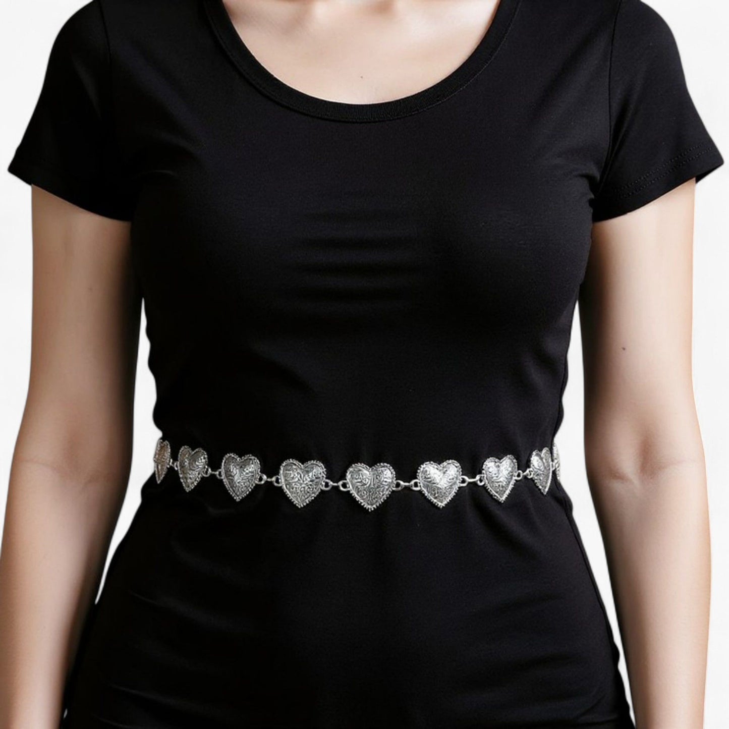 Heart Link Chain Belt with Textured Metal Design and Adjustable Fit 45.5in Valentine
