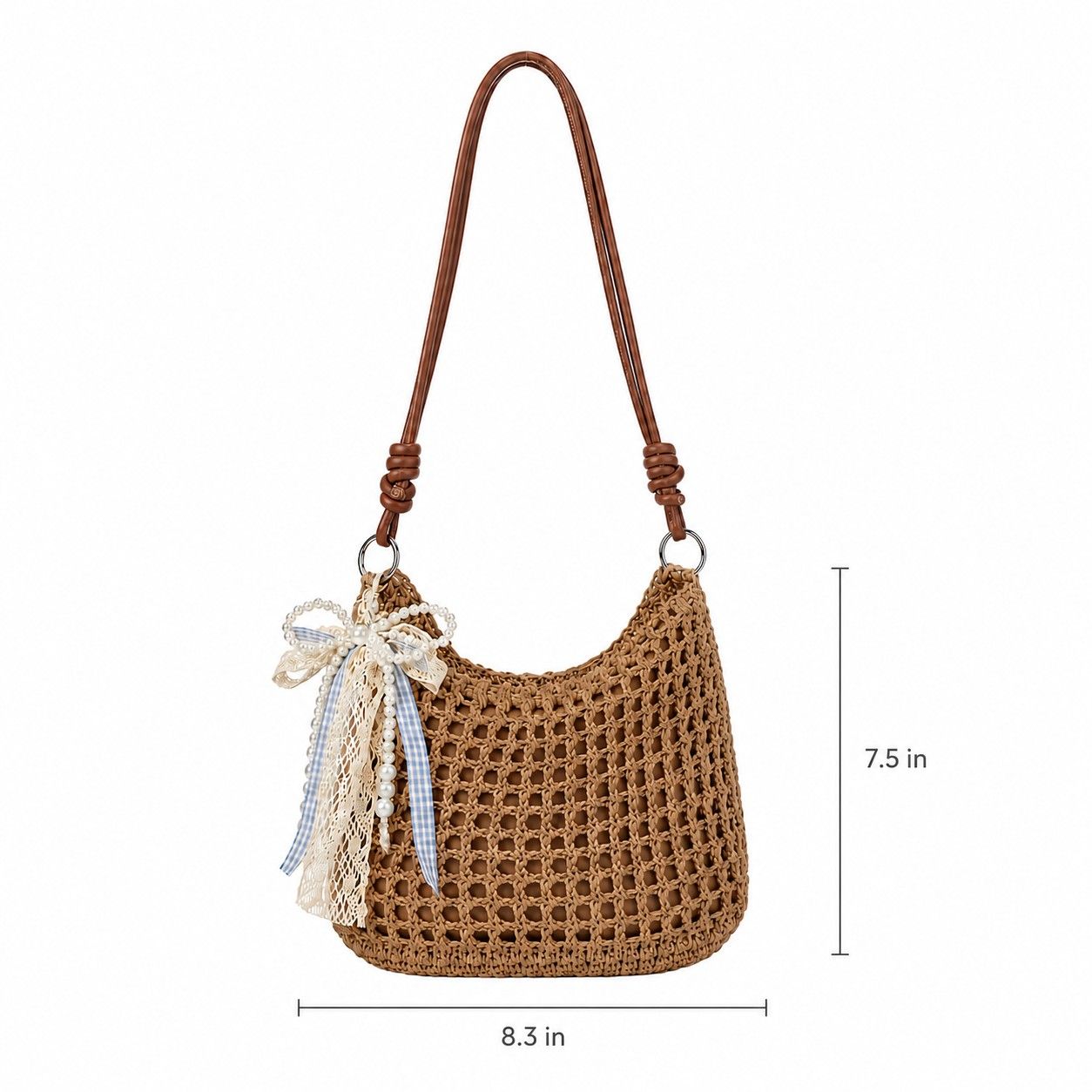 Decorative Woven Crossbody Bag with Pearl Charm, Scarf Accent and Zip Closure