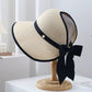 Women Straw Sun Visor Hat Wide Brim Bow Ribbon Contrast Trim Adjustable Summer Hat