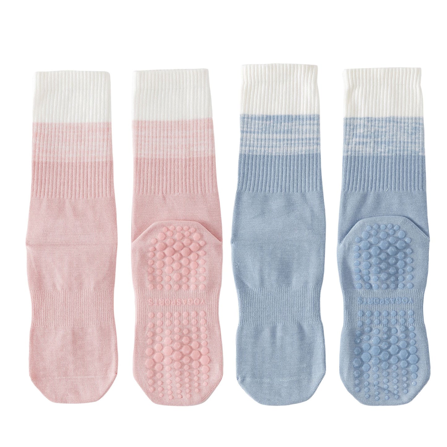 2-Pair Set Gradient Mid-Calf Grip Socks with Soft Seamless Toe and Anti-Slip Bottom for Yoga or Sneakers