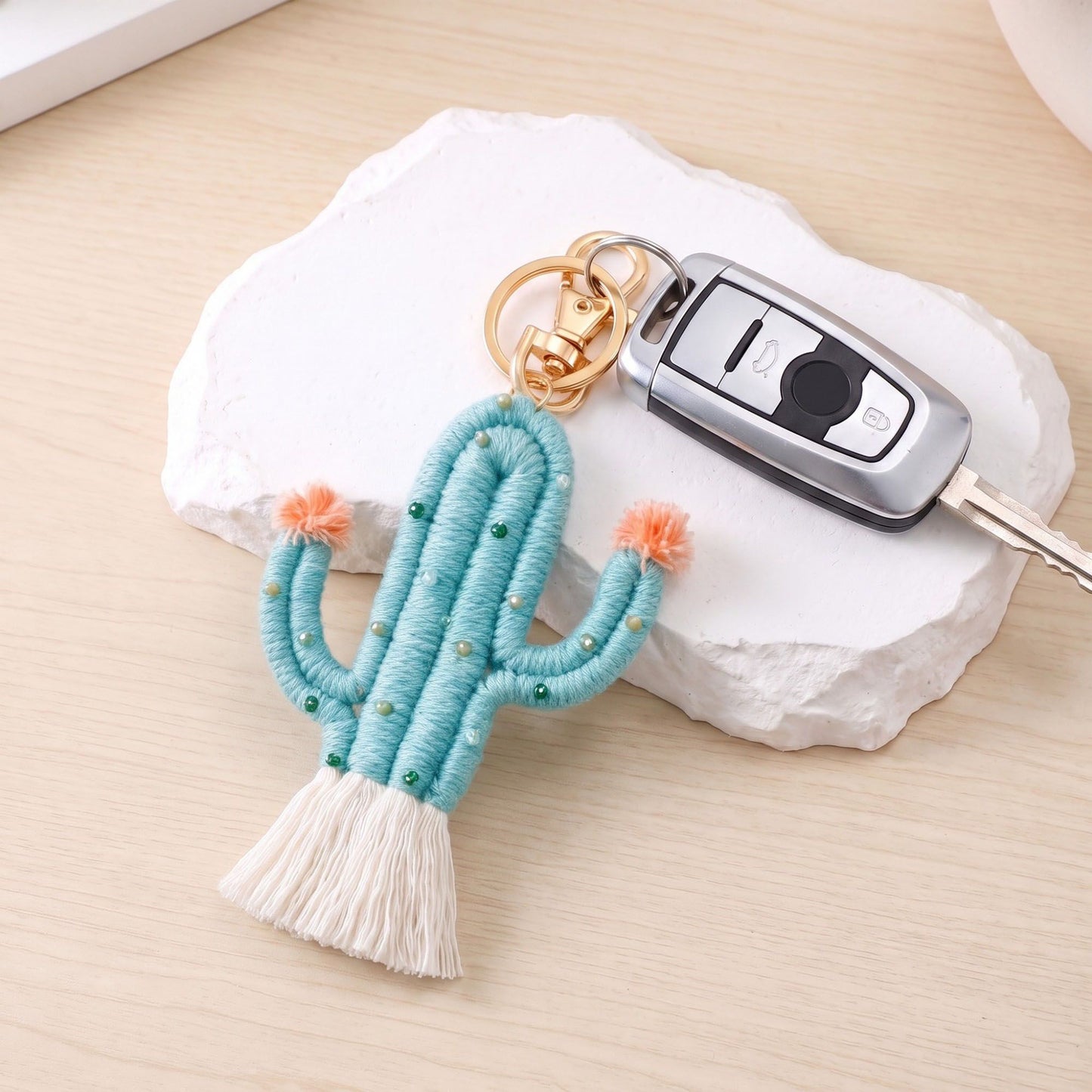 Cactus Macrame Keychain with Tassel Bag Charm