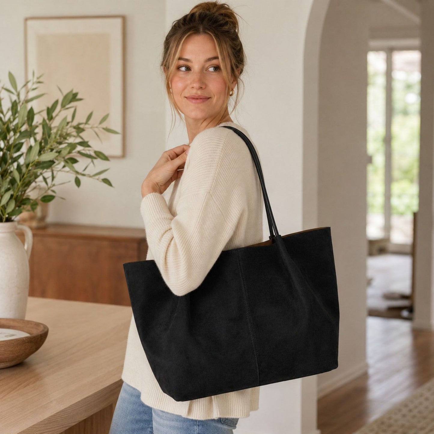 Large Suede-Like Shoulder Tote Bag with Long Handles
