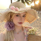 Wide Brim Straw Sun Hat with Pleated Sheer Brim Bow Accent and Floral Trim
