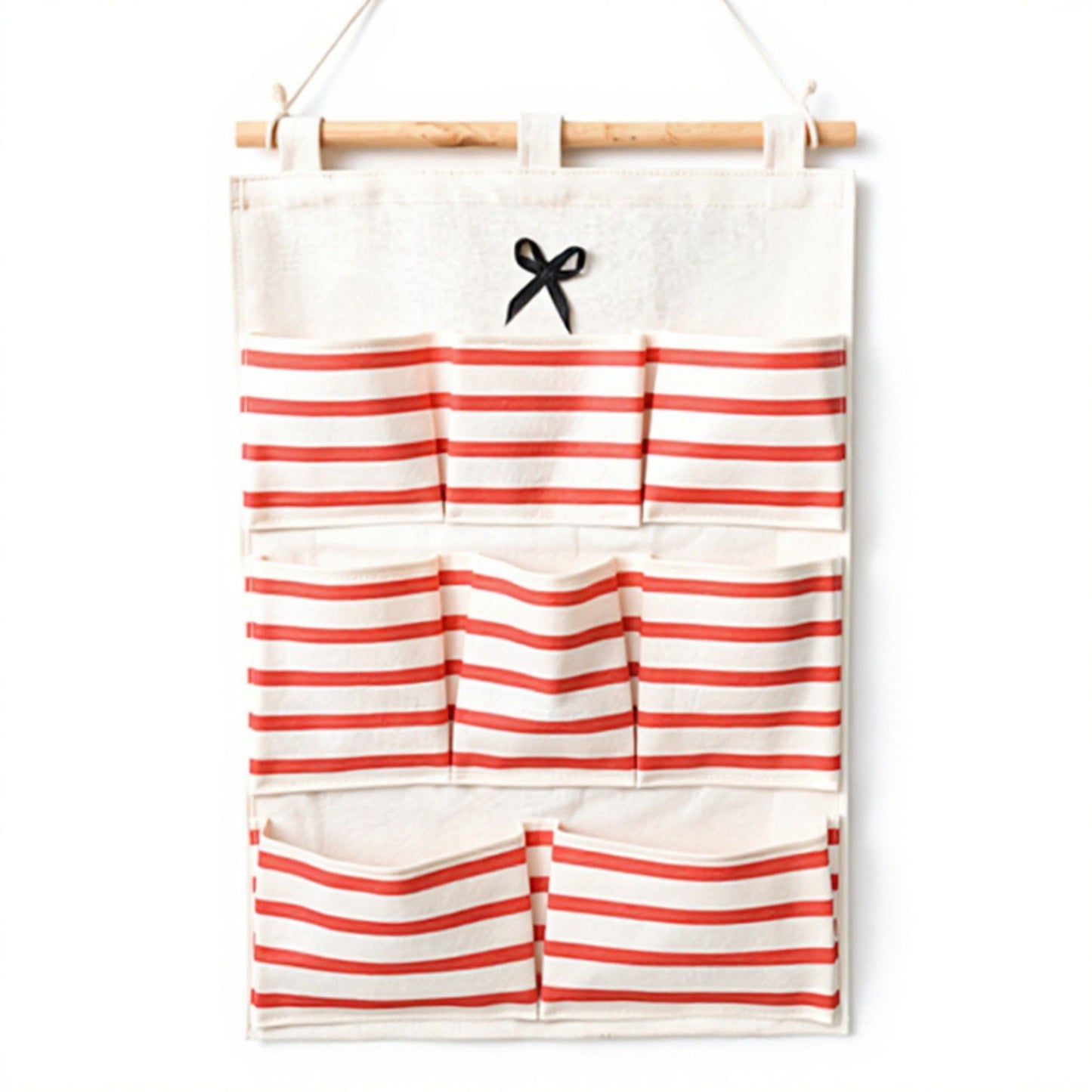 Hanging Wall Organizer with Navy Striped Pockets and Wooden Hanger 19.3x13.5 in